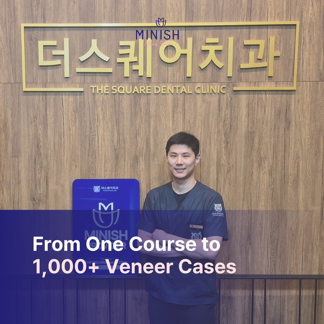 Dentist proudly posing in front of official MINISH Provider sign at dental clinic